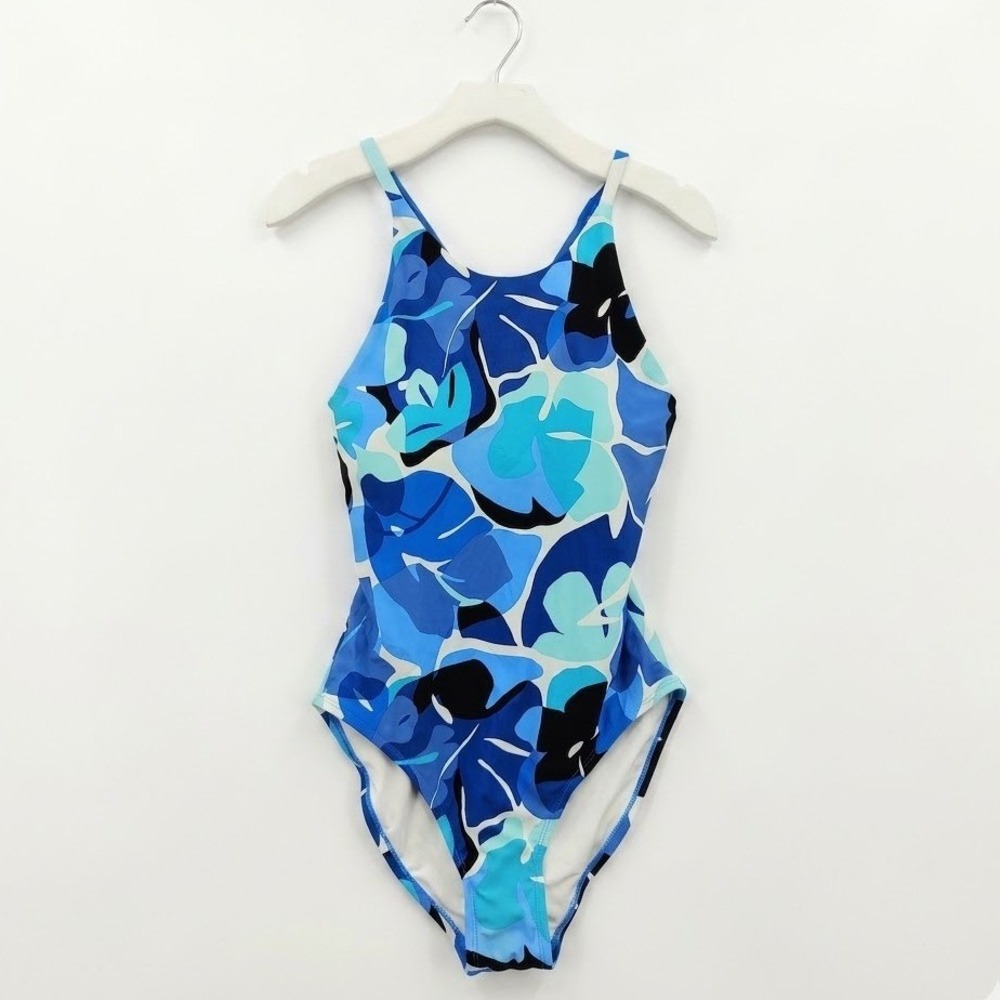 Nautica Women Tropical Coastal One Piece Swimsuit L Blue Floral High Neck Sporty